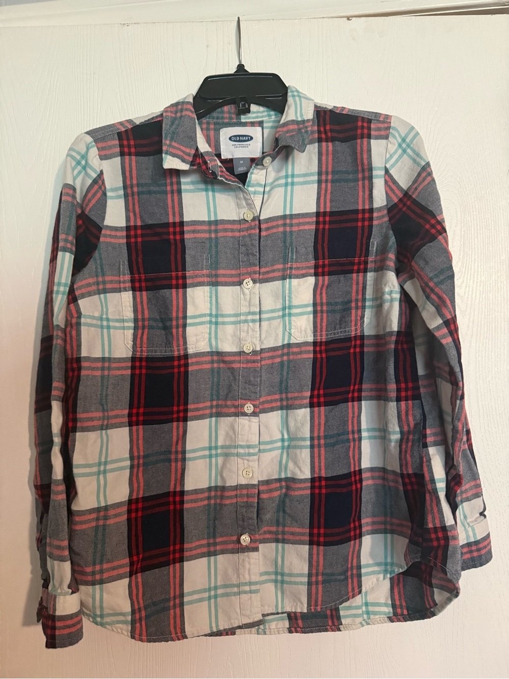 Old Navy Women's Red Navy & Aqua Plaid Button-Down Shirt